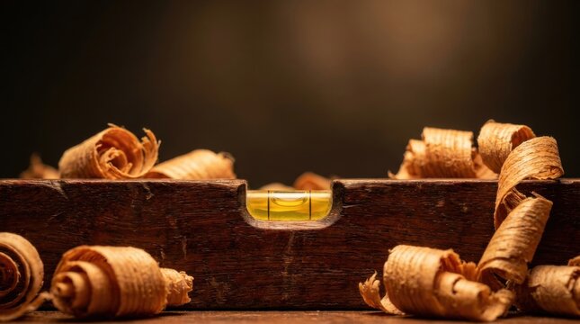 Wooden carpenter level with glowing yellow vial and wood shavings on dark background