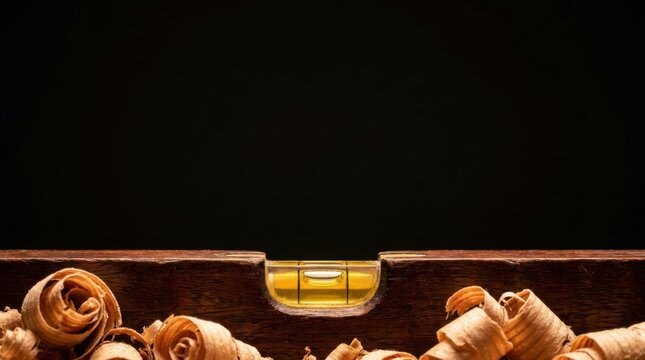 Wooden carpenter level with glowing yellow vial and wood shavings on dark background