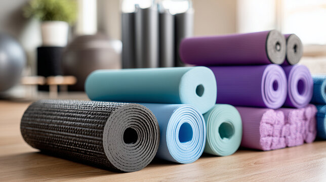 Low-angle close-up of stacked rolled yoga and foam exercise mats on wooden floor in sunlit minimalist studio