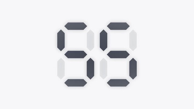 White 60 second digital LED countdown timer, seven segment display animation from 60 to 1