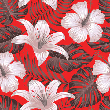 Seamless tropical pattern with white lilies, hibiscus flowers, and dark tropical leaves on a vibrant red background