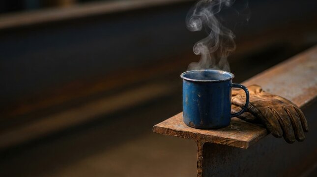 Chipped enamel coffee mug with steam and leather gloves on rusted steel beam