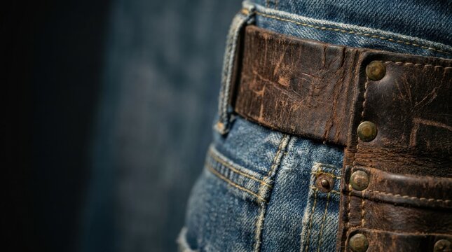 Macro texture of heavy brown leather tool belt and blue denim worker fabric