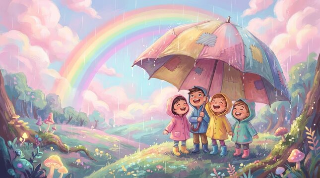 Happy children standing under a colorful umbrella with a rainbow in nature