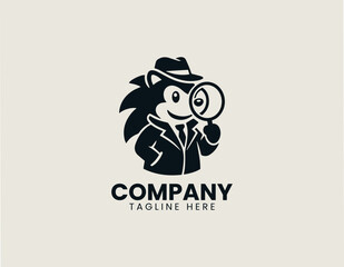 Fototapeta premium Detective hedgehog holding magnifying glass black vector logo