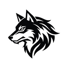 Fototapeta premium Wolf Head Emblem: A stylized black and white graphic illustration of a wolf's head, depicted in profile with sharp, defined lines and a fierce expression, exuding strength and wild spirit.