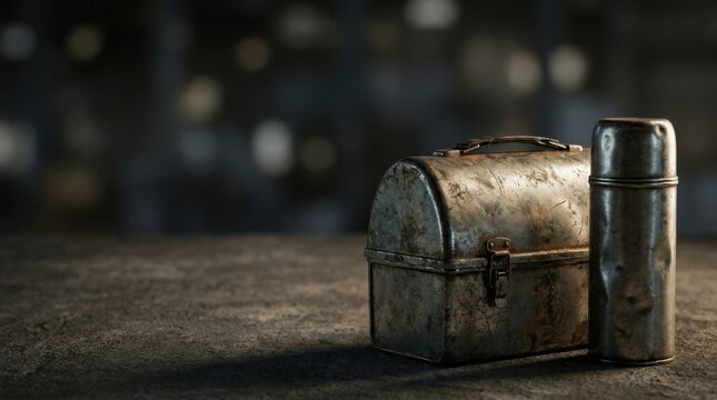 Vintage scratched metal worker lunchbox and thermos on dark concrete floor for Labor Day