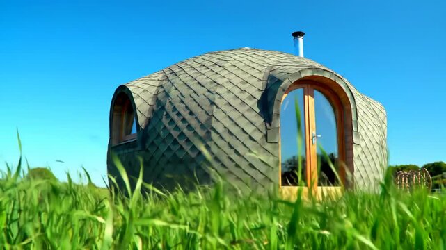 Modern spherical dome house with grey cross-hatched shingles, arched wooden glass door, and chimney flue set in a lush green meadow under a bright blue sky during daytime.
