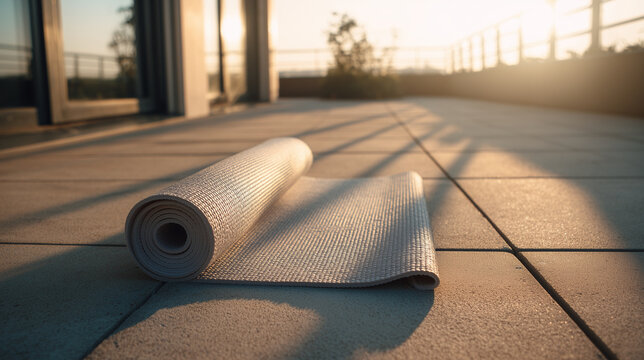 Rolled textured yoga mat on sunlit tiled patio with long railing shadows at golden hour