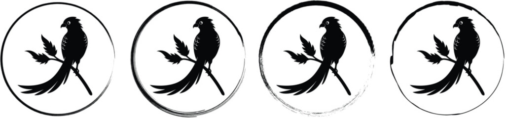 Obraz premium Four circular featuring a black silhouette of a bird with long tail feathers perched on a branch, with brush stroke styles on white