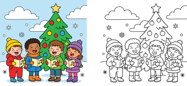 Kids singing Christmas carols in front of decorated tree with coloring page template vector illustration