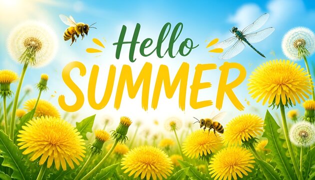 Hello Summer Banner with Bright Yellow Dandelions, Bees and Dragonfly &ndash; Cheerful Floral Vector Illustration for Poster, Flyer and Greeting Card
