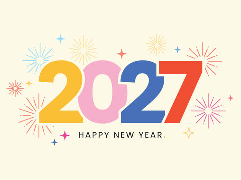 2027 happy new year text with colorful fireworks on light background