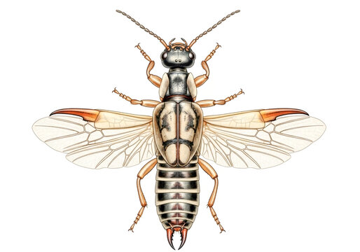 Detailed illustration of an earwig insect with open wings