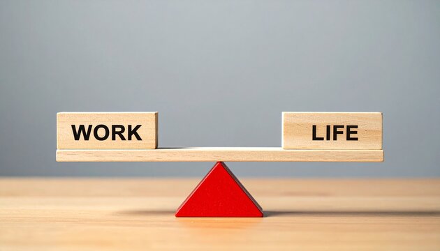 Work Life Balance Concept Featuring Wooden Blocks Spelling Work and Life Balanced on a Plank with Red Triangular Fulcrum Against Bokeh Green Background