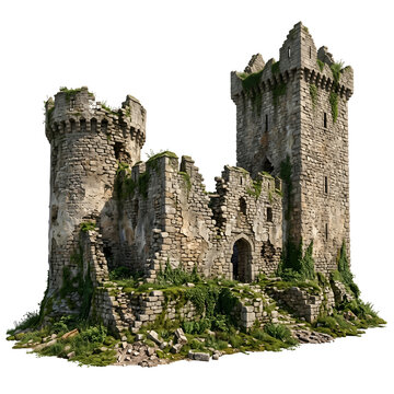 Ancient stone castle ruin isolated on transparent background with overgrown ivy