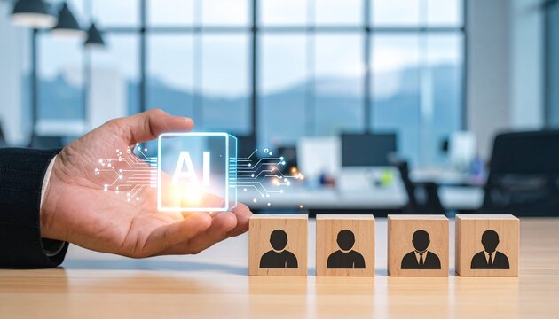 Hand Placing Glowing Artificial Intelligence Cube Next to Wooden Blocks with Human Icons for AI in Business and Workforce Concept