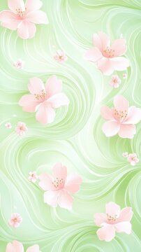 Pastel cherry blossom background, soft pink floral pattern on mint green liquid swirl texture, elegant spring aesthetic wallpaper for social media