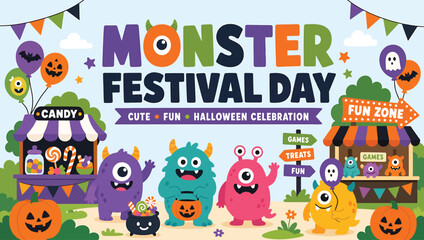Naklejka premium Monster festival day celebration banner with cute cartoon monsters, candy shop, fun zone, pumpkins and halloween decorations