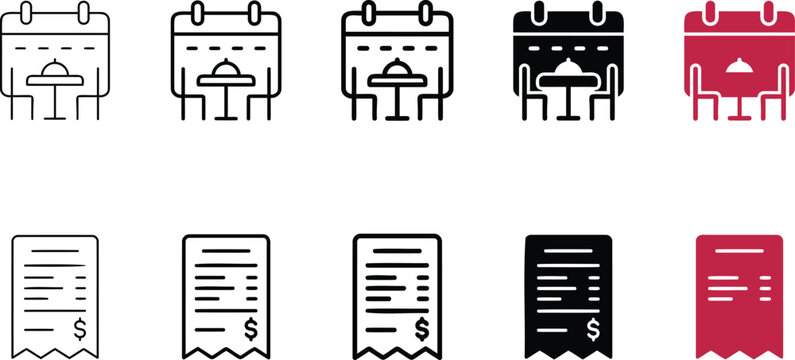 Dining reservation and financial receipt vector graphic symbols collection with reservations financial receipts icon set
