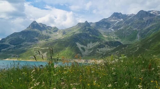Picturesque high-altitude view of lush alpine vegetation and rugged peaks near Montespluga, Spl&uuml;gen Pass in Italy, at the Swiss border, showcasing untouched nature, greenery, and dramatic mountains