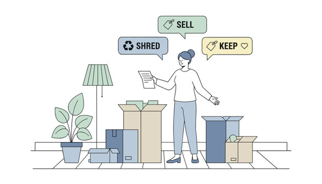 Young woman sorts out household items and documents into categories of shred, sell, and keep during decluttering.