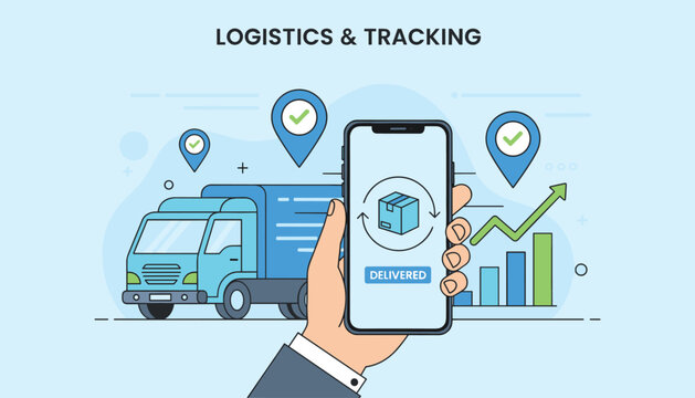 Business hand holds a smartphone showing real time delivery logistics and tracking status of cargo transport truck.