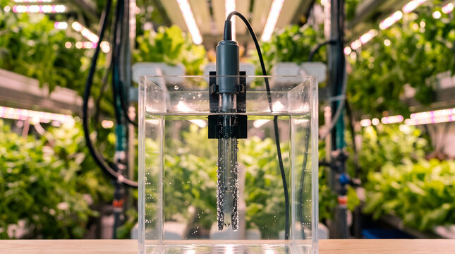 Smart Hydroponic pH Sensor Probe Submerged in Clear Water Tank of Vertical Green Farm