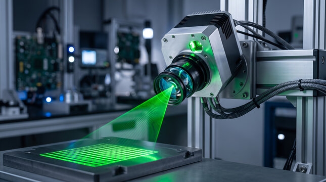 High Tech Optical Quality Control Sensor Emitting Green Laser Grid on Smooth Surface