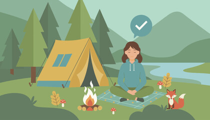 Fototapeta premium Young woman practices mindful meditation at a forest campsite with a cozy yellow tent, campfire, and a friendly little fox.