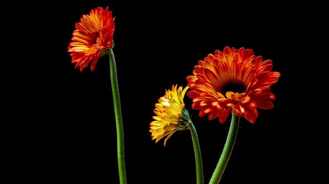 Three Gerbera Flowers Blooming at Different Pace, Individual Growth Concept Timelapse, 4K