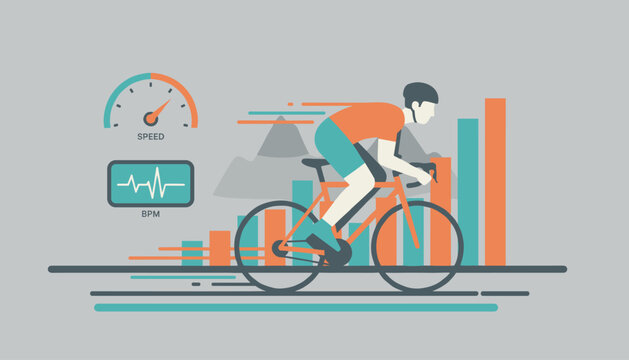 Cyclist rides quickly over a rising bar chart representing fitness progress, performance metrics, and cardiovascular data.