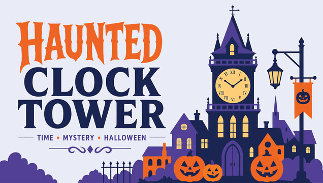 Haunted clock tower halloween banner with spooky castle, jackolantern pumpkins, and gothic architecture vector illustration