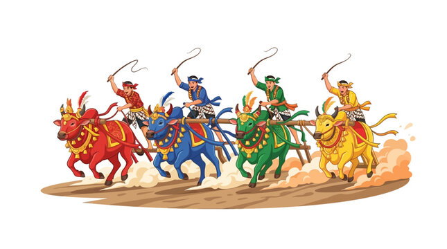 Traditional Indonesian Bull Race Karapan Sapi Cultural Sport Event with Javanese Jockeys Riding Colorful Bulls