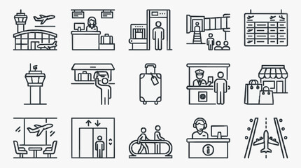 Fototapeta premium Professional Black and White Line Icons Set Featuring Air Travel and Airport Scenes for Web Design Presentations and Infographics