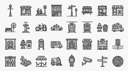 Modern Minimalist Line Icons Set of Urban City Life Elements in Black and White Style with high quality professional line art symbols for modern creative design and digital branding projects © Silal