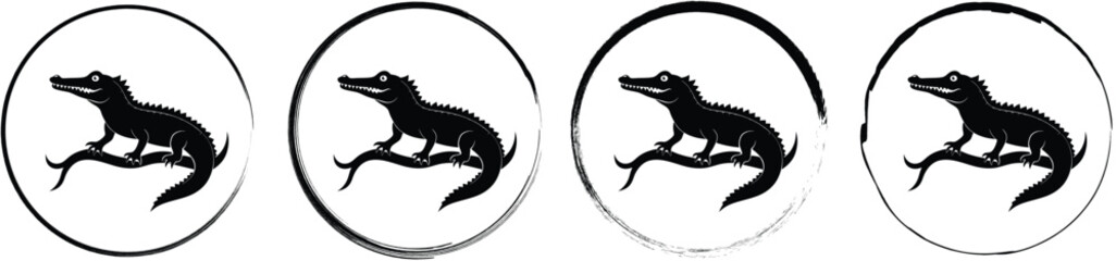 Obraz premium Four circular depicting a black alligator silhouette perched on a curved branch with distinct black circular border textures and styles