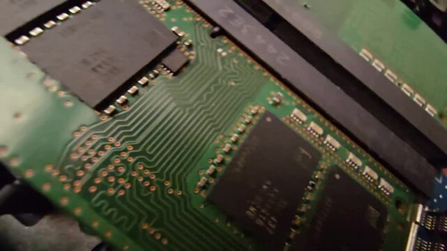 Macro shot of a green circuit module plugged into a blue motherboard, featuring memory chips, gold pins, and trace lines.