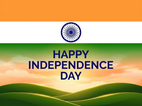 Indian flag with Ashok Chakra emblem and green hilly landscape happy independence day