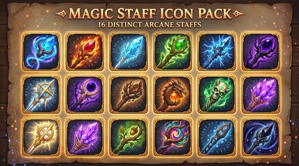 Fototapeta premium A collection of 16 distinct arcane magic staff icons with glowing elements, suitable for fantasy game interfaces.