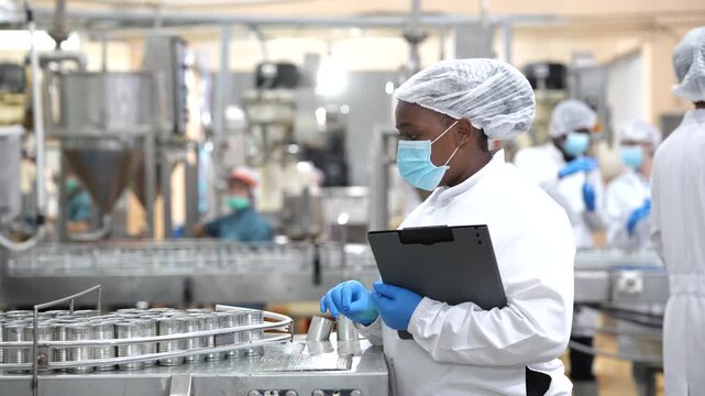 Quality control monitoring canned food production line inside fish processing factory. Food safety inspection, seafood manufacturing, hygiene compliance, quality assurance, industrial food production.