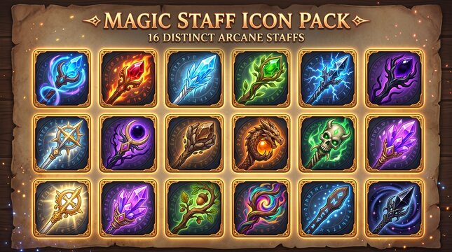 A collection of 16 distinct arcane magic staff icons with glowing elements, suitable for fantasy game interfaces.