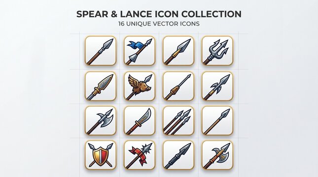 A diverse collection of sixteen unique vector icons illustrating various historical and fantasy spears, lances, and polearms in a grid.