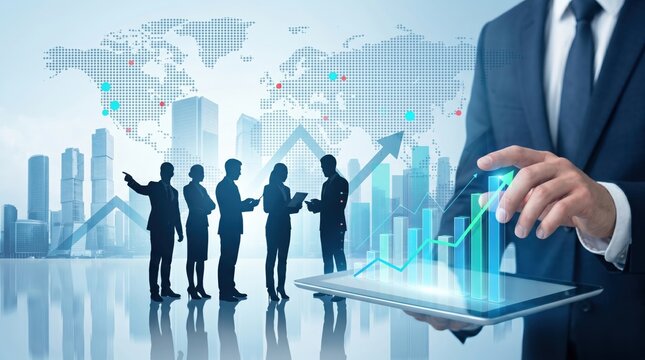 Global business growth strategy team analyzing market data charts on tablet with world map background, corporate leadership planning international expansion and economic develop...