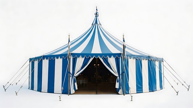 Large striped blue and white circus tent isolated on white background