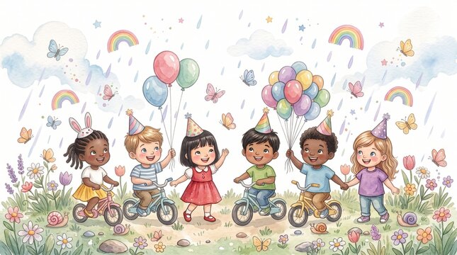 Happy diverse children riding bikes with balloons in a colorful garden party scene