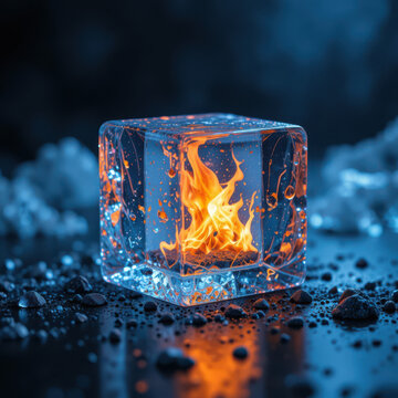 Bright orange flames flicker inside a transparent glass cube set against a dark blue background