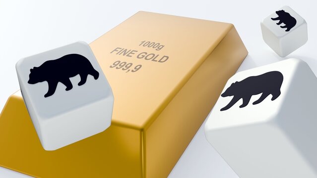 A 3D rendering of gold bullion bar and cubes stamped with a silhouette of a bear. A safe-haven asset allocation, market downturns, and psychological stability.