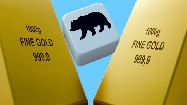 A 3D rendering of gold bullion bar and cubes stamped with a silhouette of a bear. A safe-haven asset allocation, market downturns, and psychological stability.
