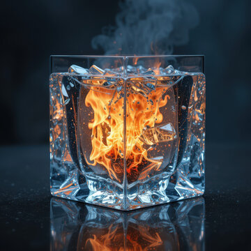Square glass container filled with melting ice cubes and intense bright orange flames glowing inside